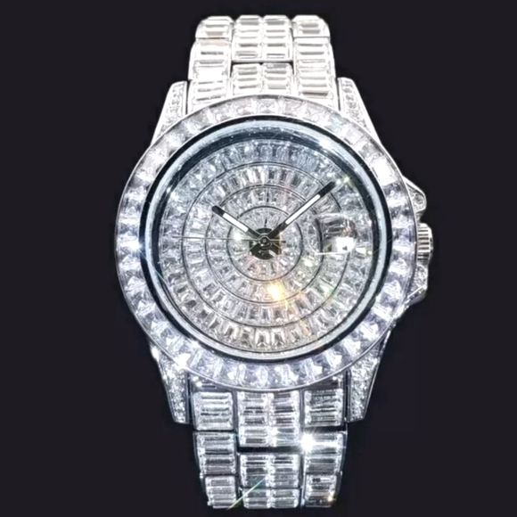 Mens Shiny Full Ice Baguette Silverplated Simulated Diamond Waterproof Watch - Picture 1 of 11